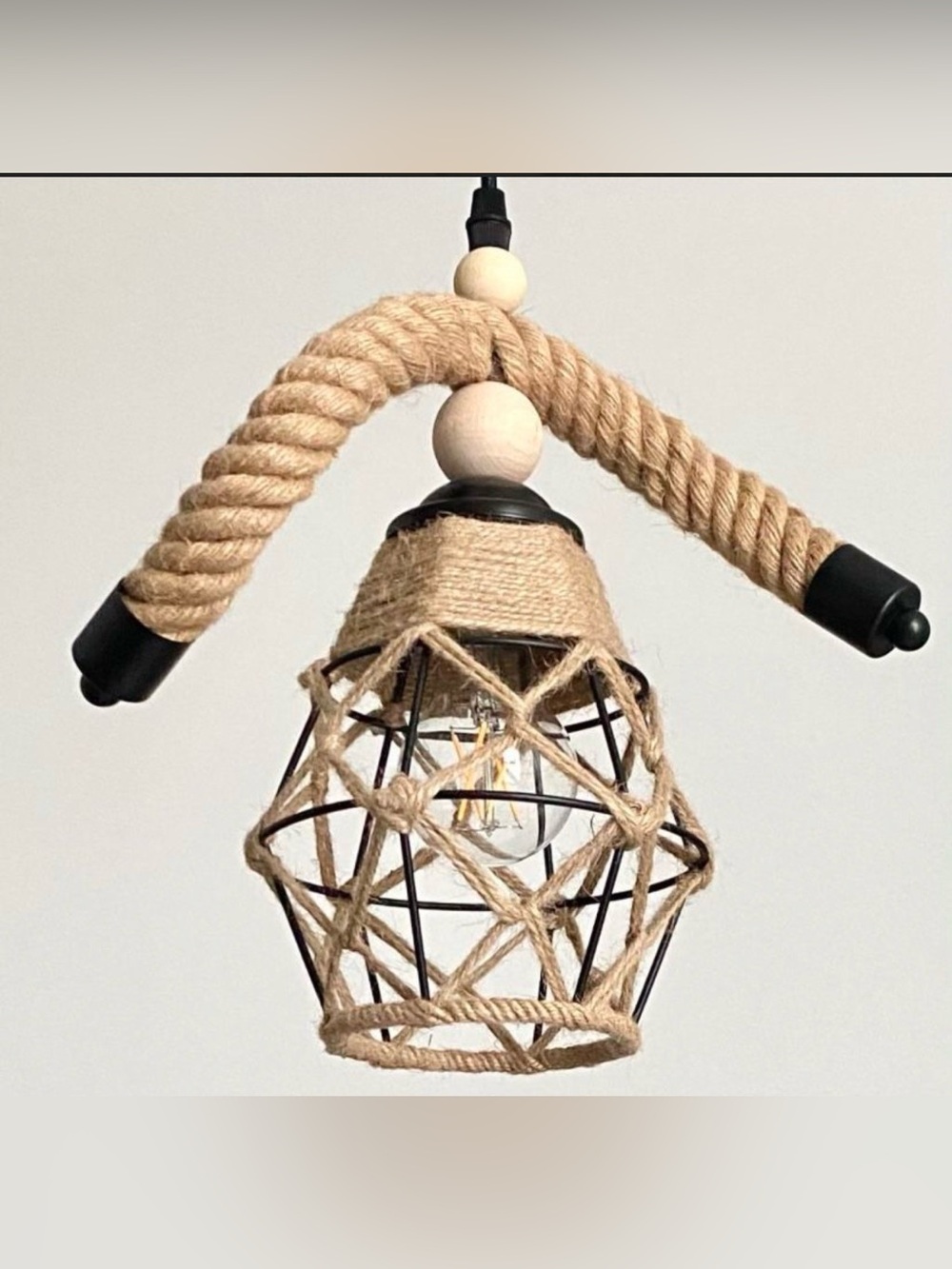 Loft pendant ceiling lamp with metal wicker hemp lampshade and hemp decor.